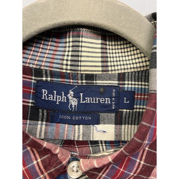 Ralph Lauren Button Down Shirt Mens Large Patchwork Plaid Red‎ Blue Preppy - Picture 3 of 6